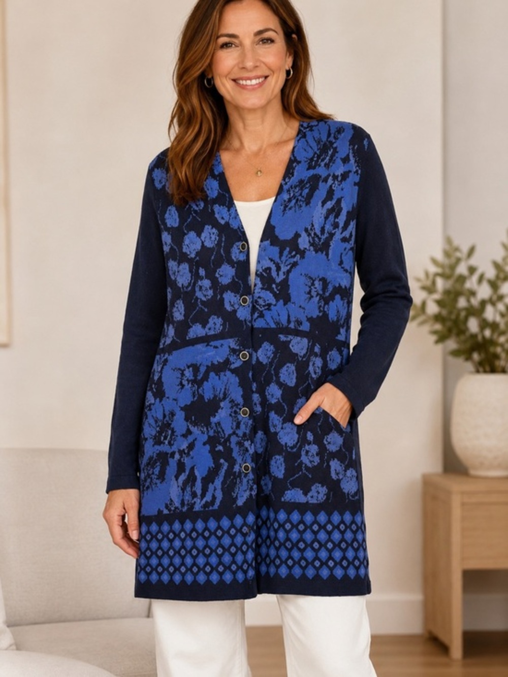 Navy Floral Print Longline Tunic Button Front Cardigan Sweater EUC M #2594